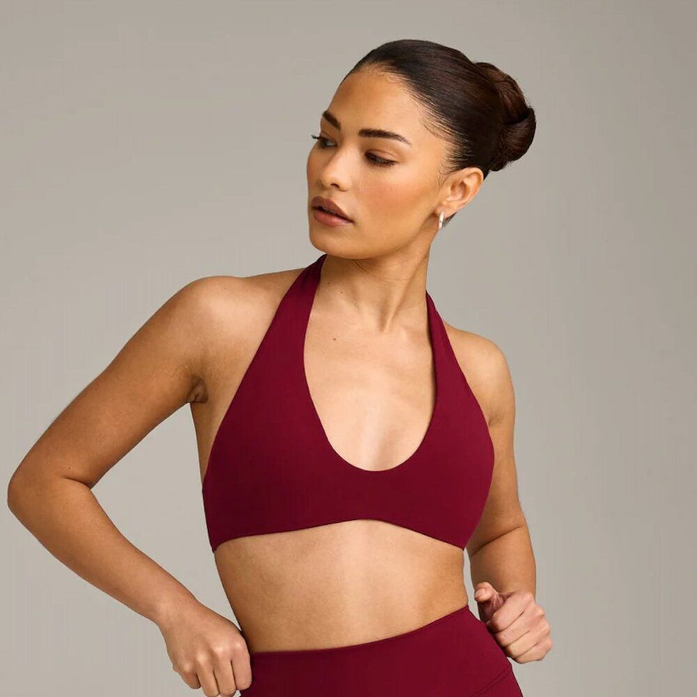 Oner Active SoftMotion Minimal Halter Neck Bralette with Gray Logo | Ruby Red